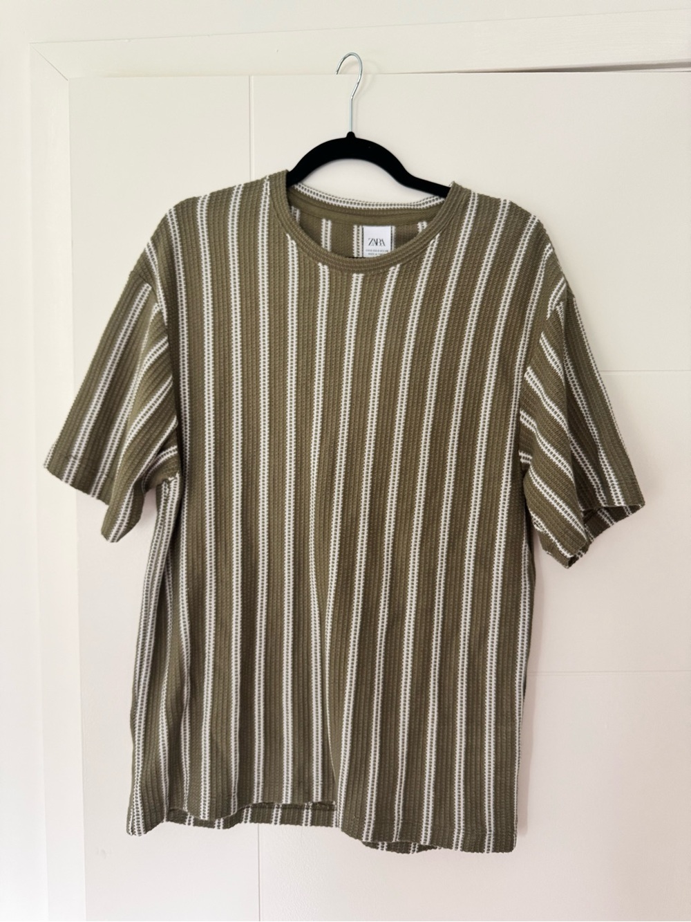 Zara Olive & White Vertical Stripe Short-Sleeve Tee